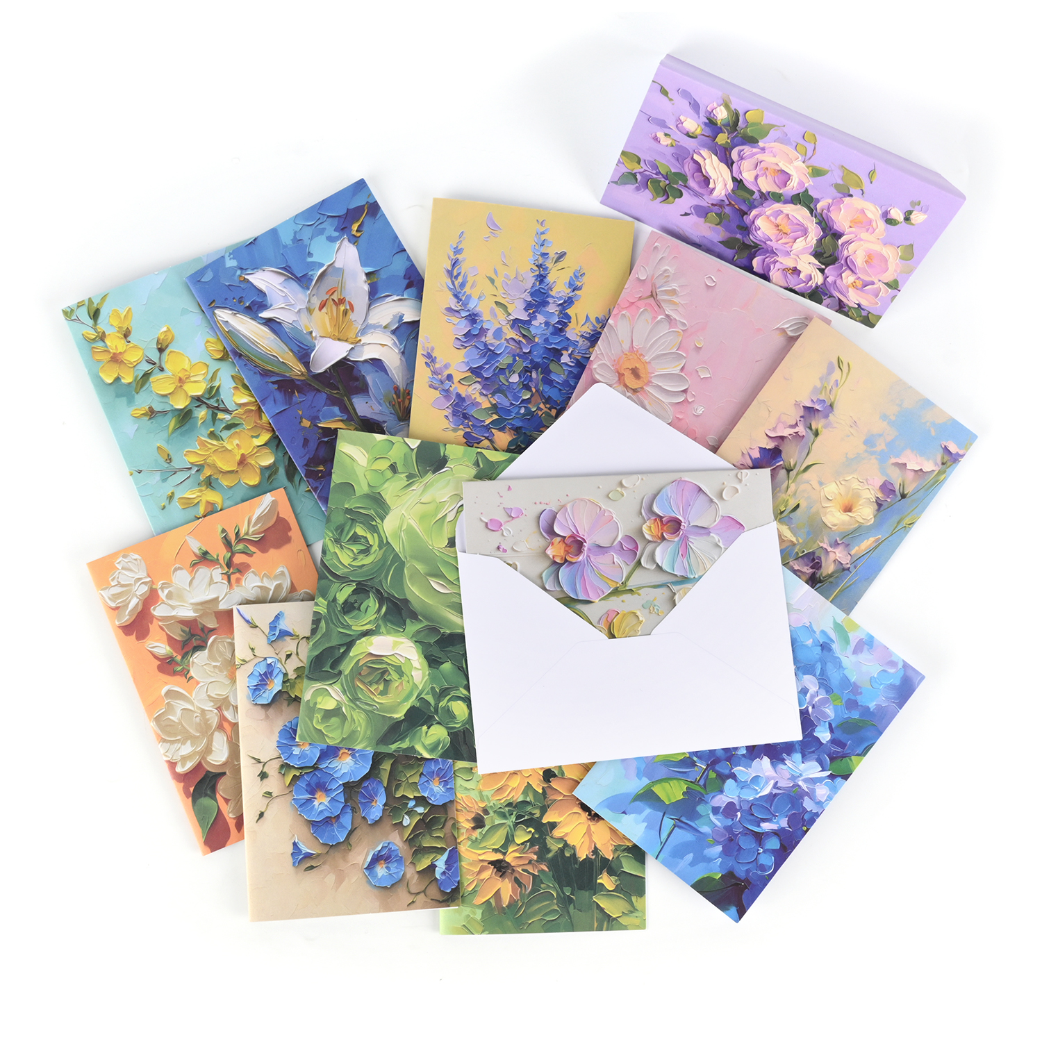 Assorted floral greeting card designs displayed with a white envelope
