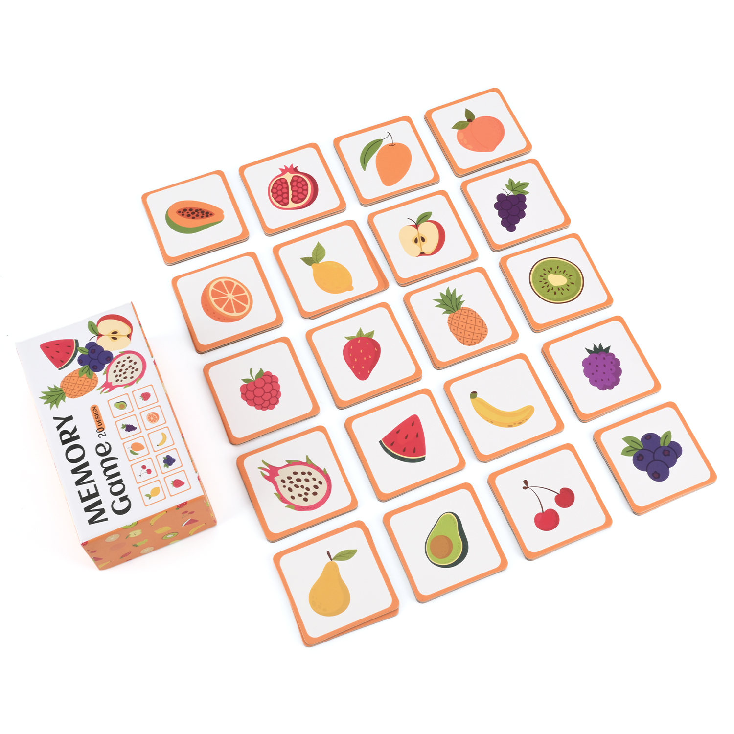 Fruit-themed printed memory matching cards arranged beside their game box