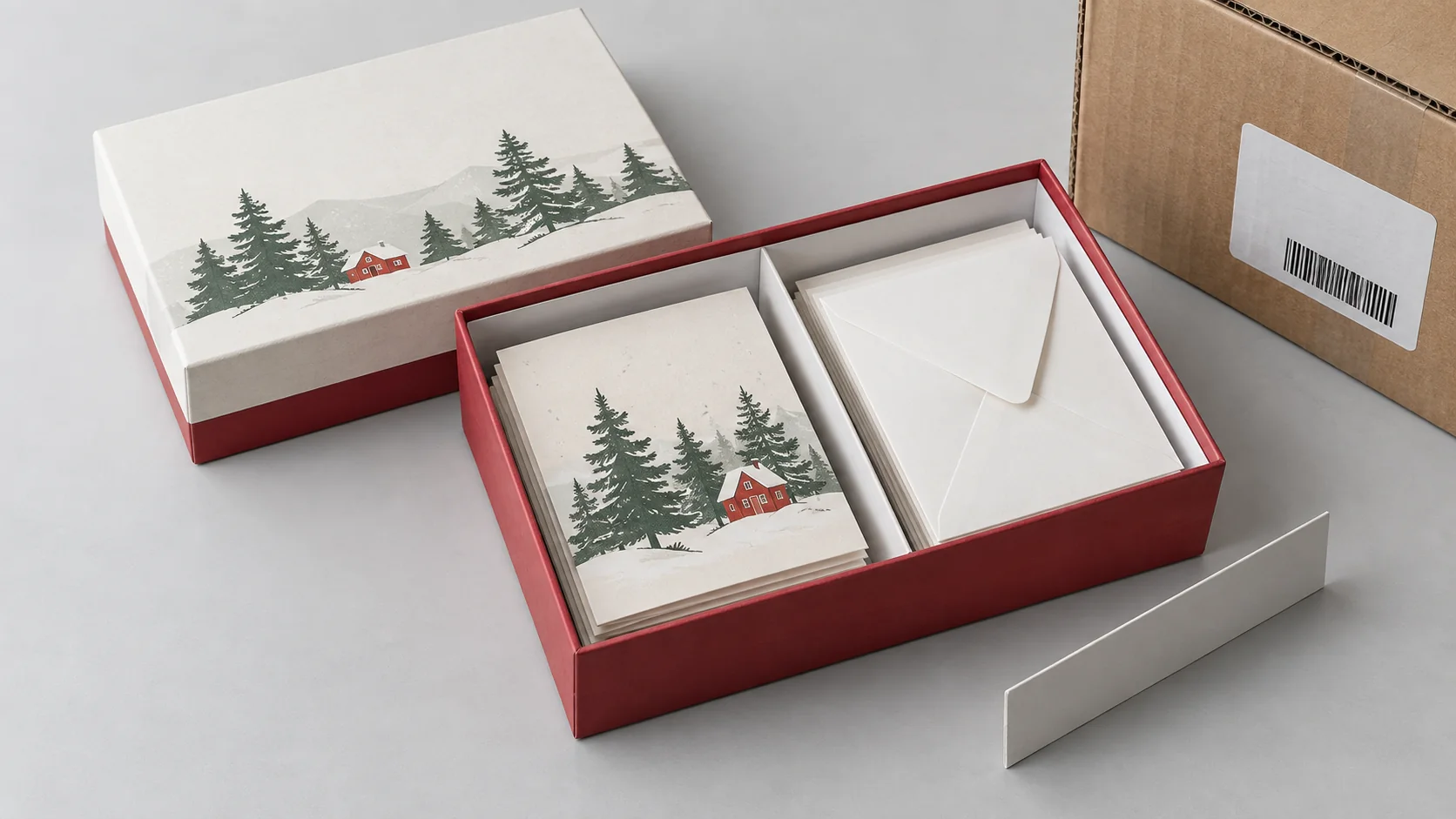Custom boxed greeting card retail set with assorted folded cards, blank envelopes, divider, barcode area, and export carton
