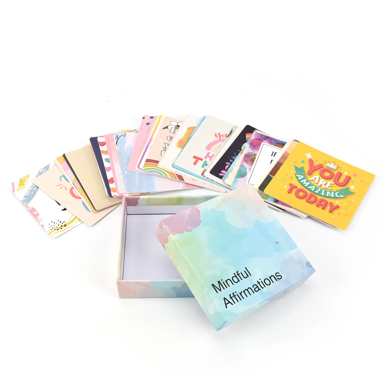 Printed affirmation card deck with an open gift box