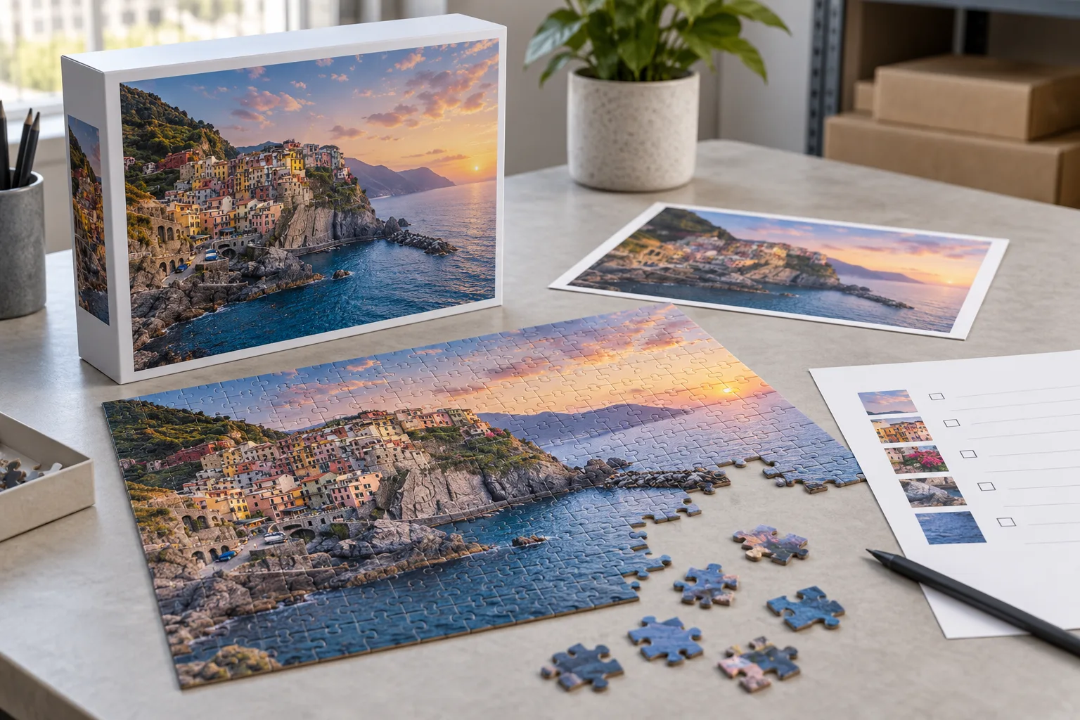 Physical custom jigsaw puzzle sample and printed box checked before production approval