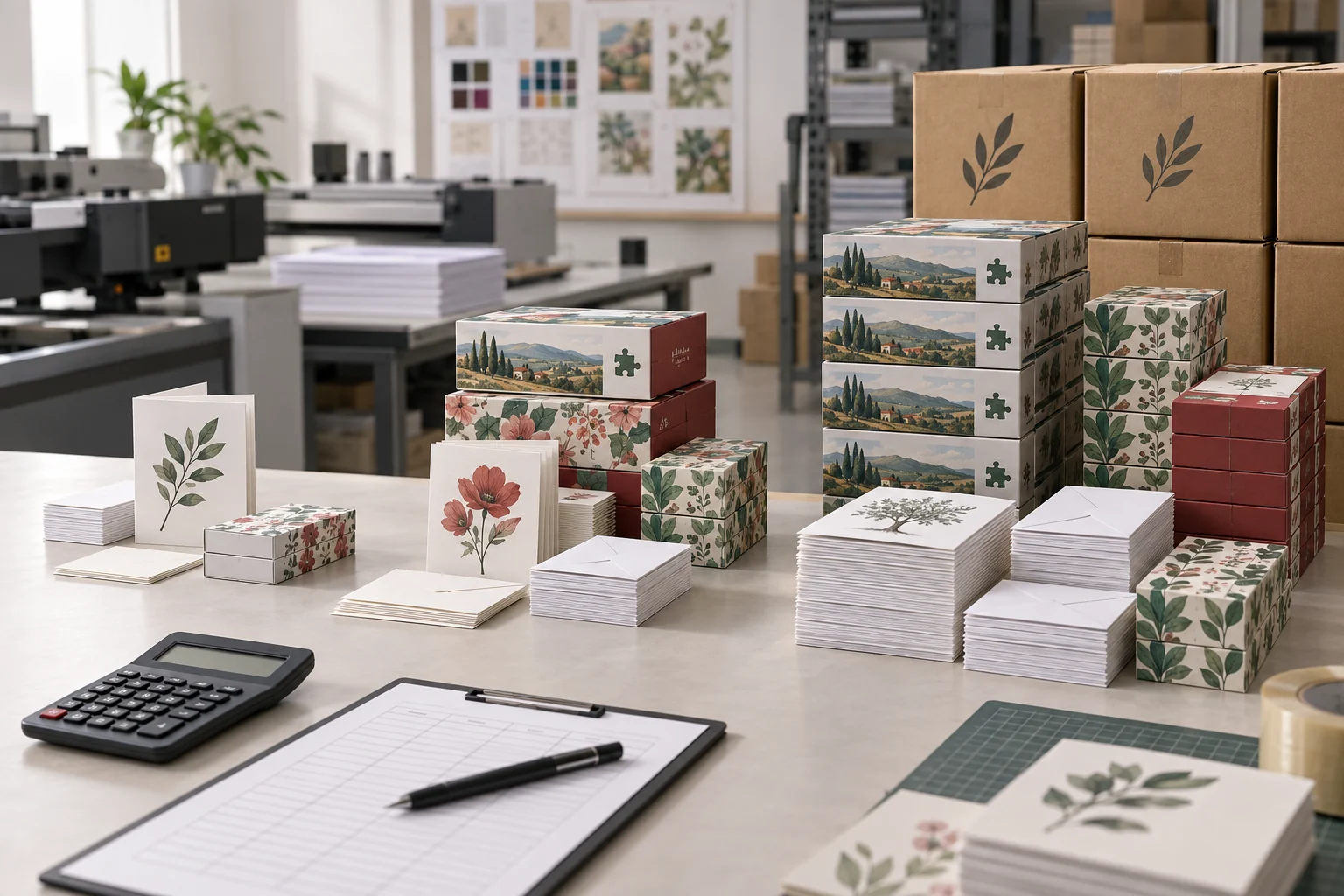 Small, medium and larger quantities of custom greeting cards, card deck boxes and puzzle boxes arranged for printing cost comparison