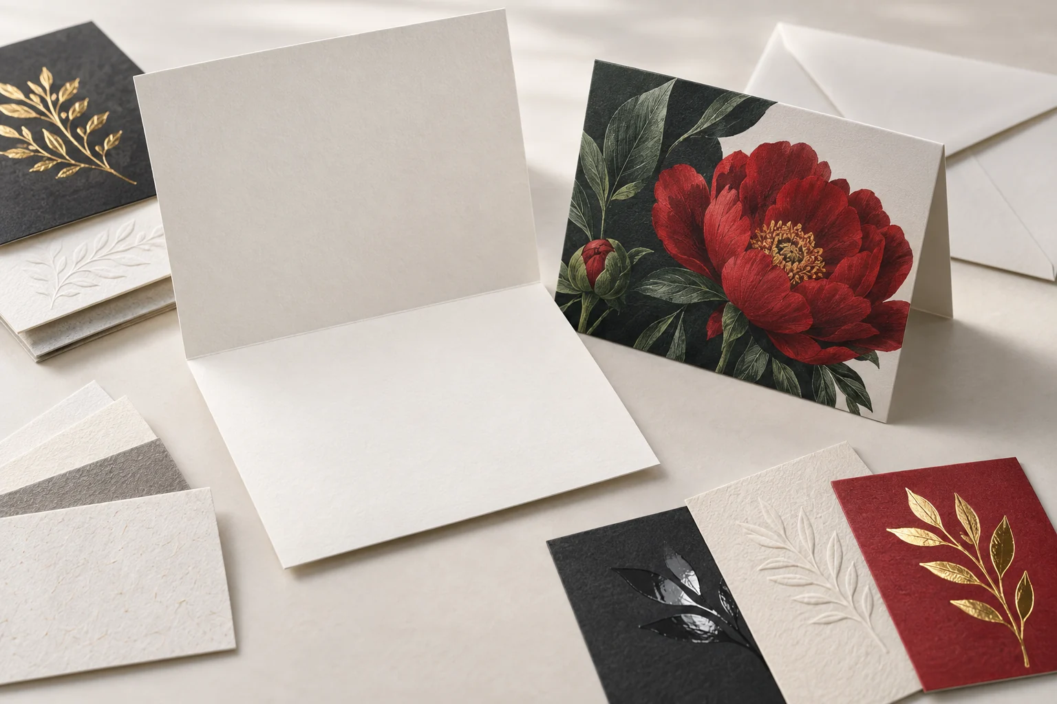 Folded greeting cards, paper swatches, foil, embossing and an unprinted envelope showing paper and finish options