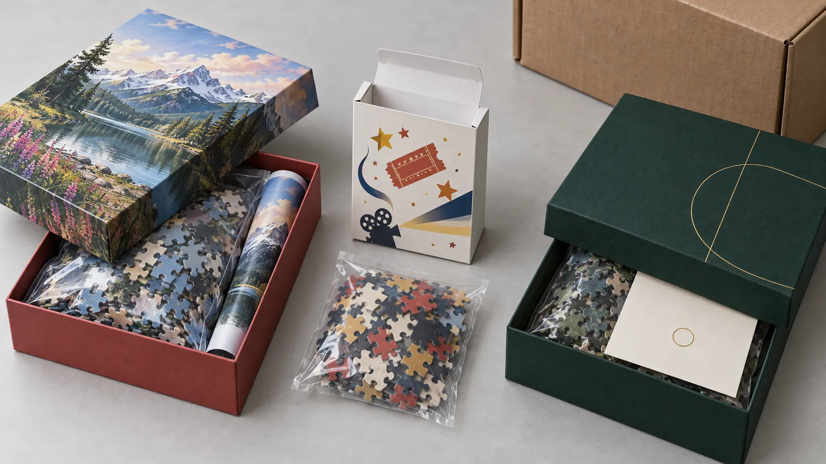 Three custom jigsaw puzzle packaging options for retail, promotional giveaways and corporate gifts