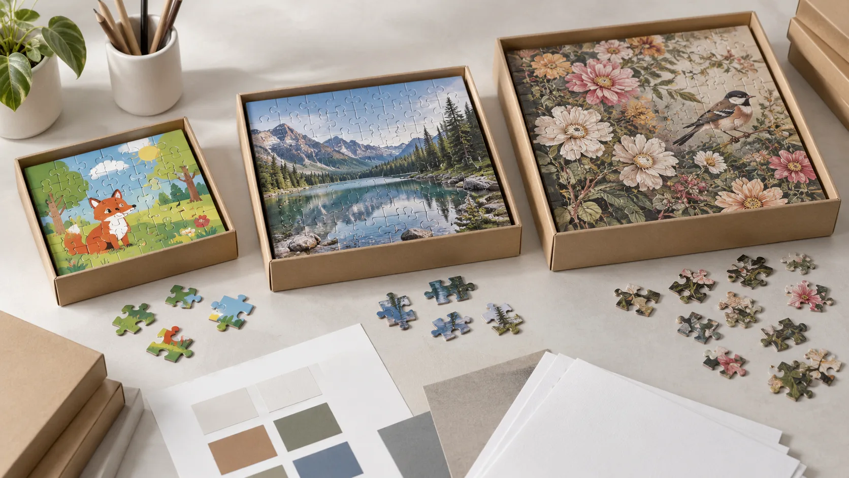 Custom jigsaw puzzle samples and packaging proofs prepared for US and EU safety review