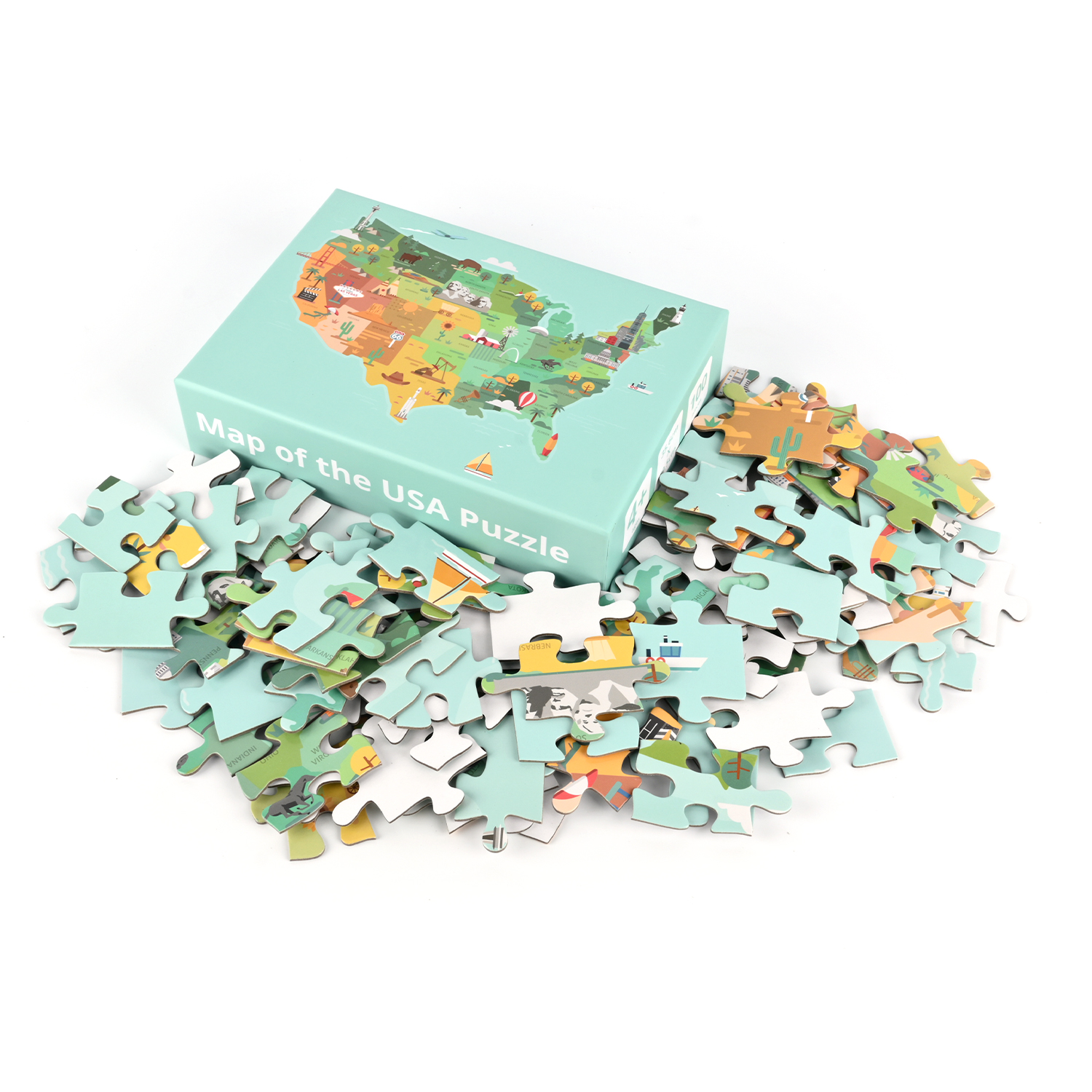 Printed map puzzle pieces displayed beside their matching box